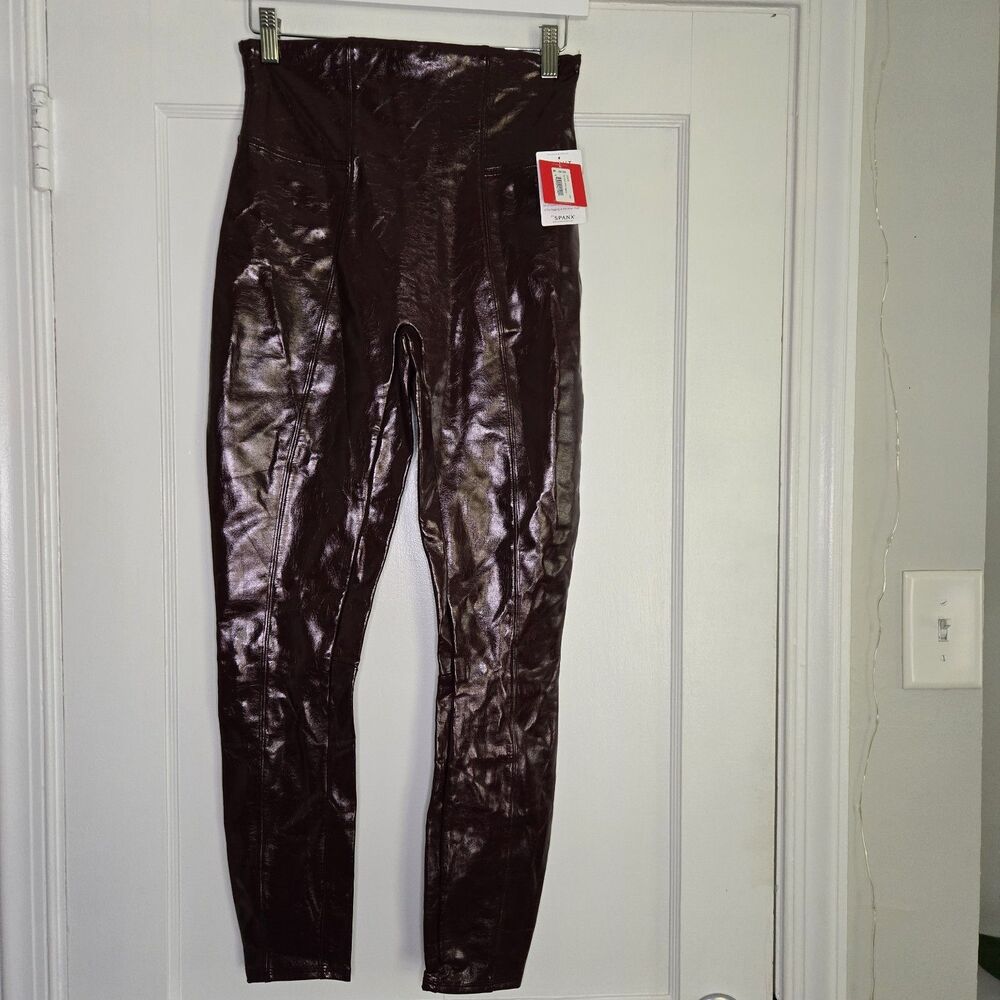 Spanx Faux Patent Leather Leggings Womens M Ruby Wine Liquid Gloss NWT